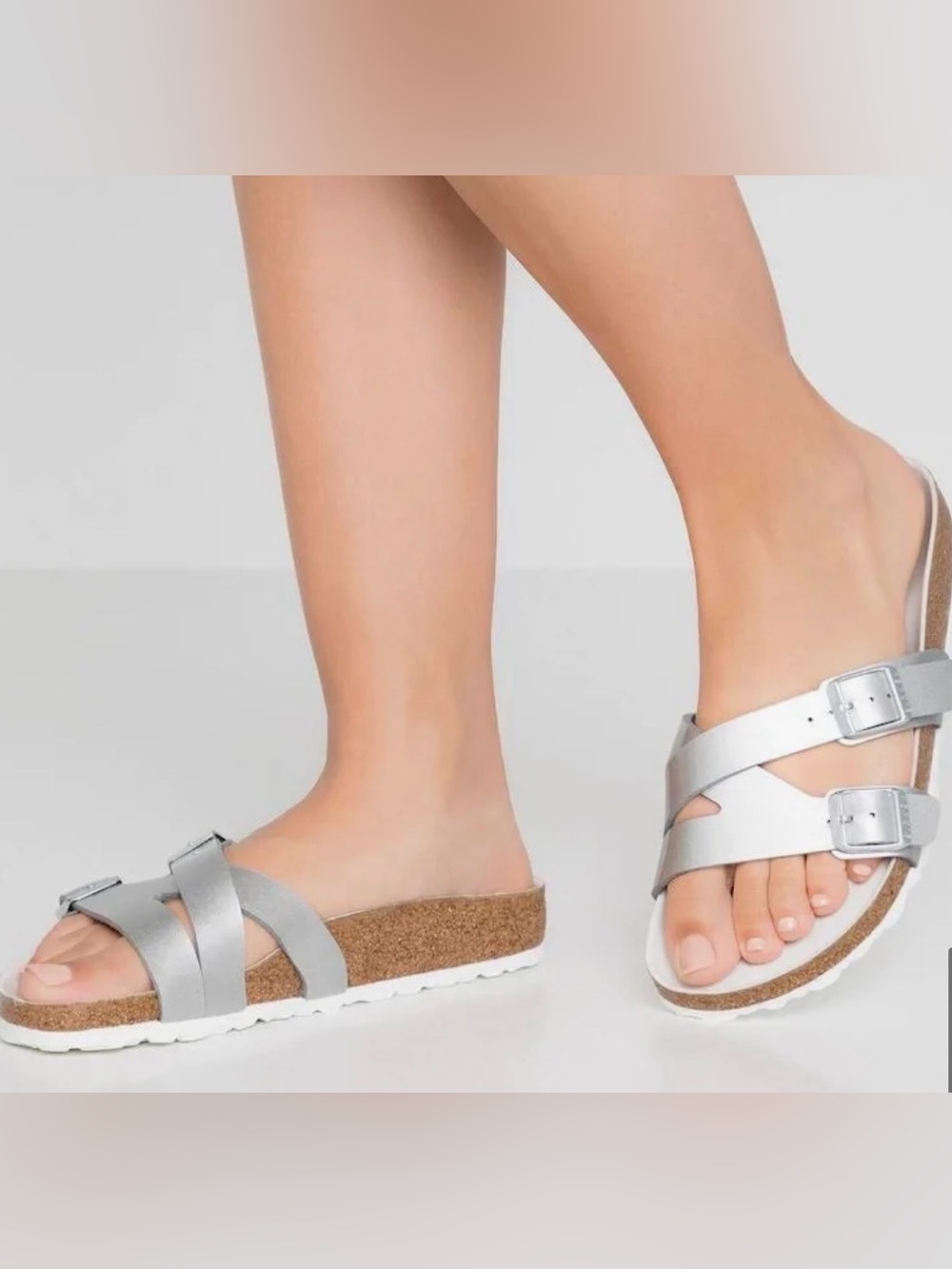 Birkenstock | Women’s Silver Metallic Leather Double-Buckle Salina Sandals Sz 9